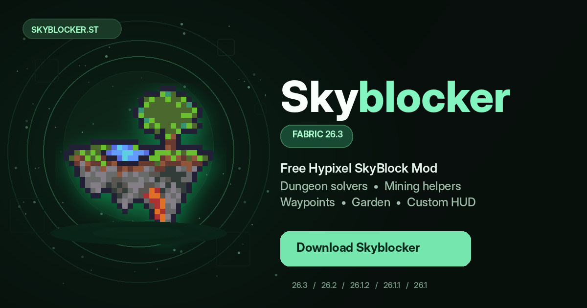 Skyblocker 26.3 Fabric mod download banner with original floating island icon for Hypixel SkyBlock