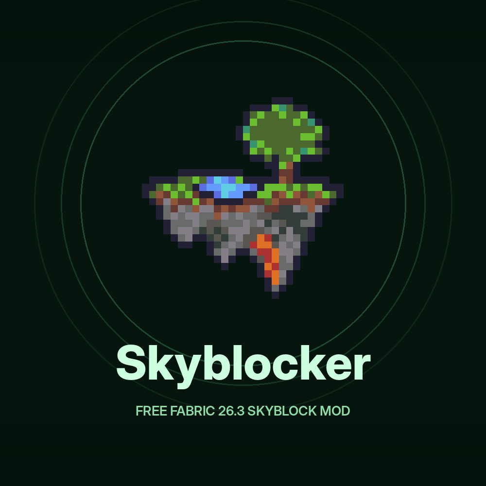 Skyblocker mod floating pixel island logo cover art for Hypixel SkyBlock Minecraft Fabric