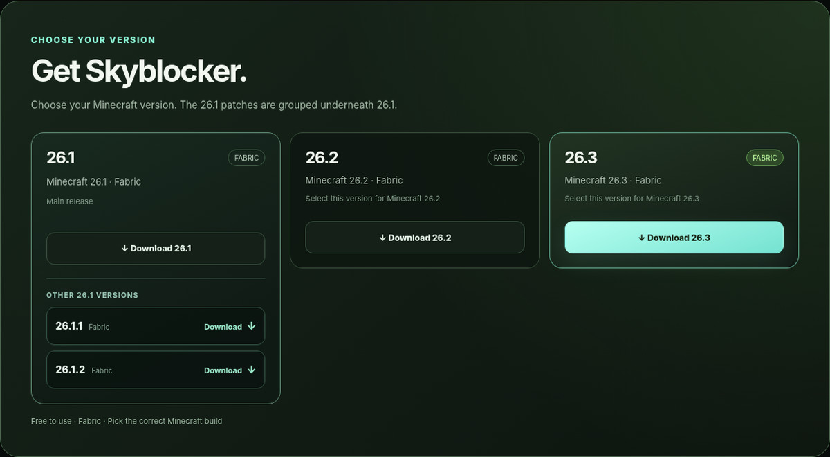 Real screenshot of the Skyblocker downloads website displaying Fabric 26.1, 26.2 and 26.3